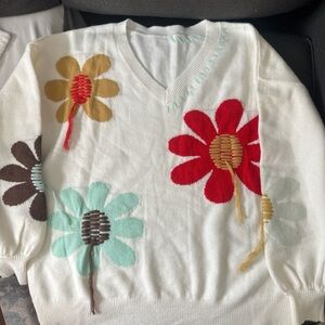 Floral Knit Sweater - Red, Brown, Tan, Cream